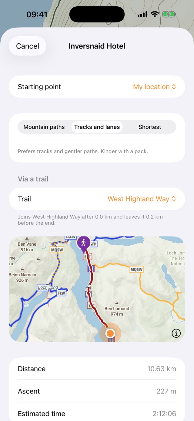 A planned route along the West Highland Way on the map, with its distance, ascent and estimated time